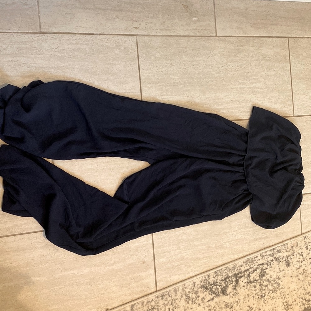 Navy strapless jumpsuit.